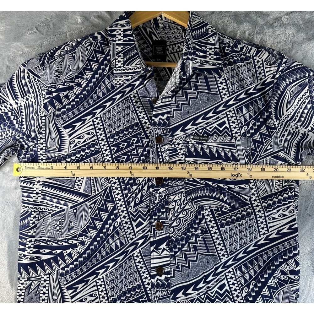 Tanoa Polynesian Tribal Hawaiian Shirt Men M Blue White 100% Cotton Fiji - Picture 9 of 13